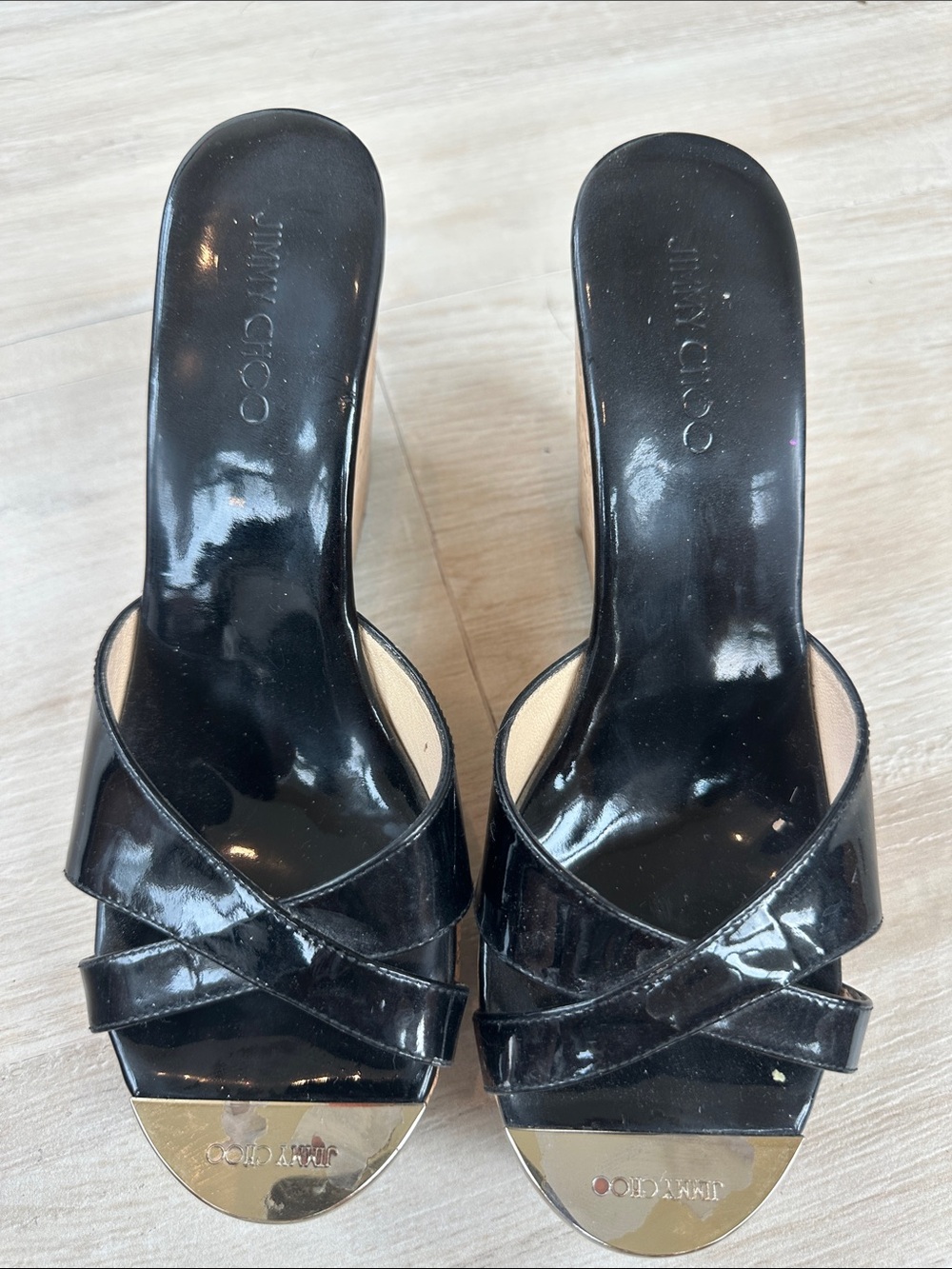 Jimmy Choo Black Patent Crisscross Slide Mules with Gold Toe Accent